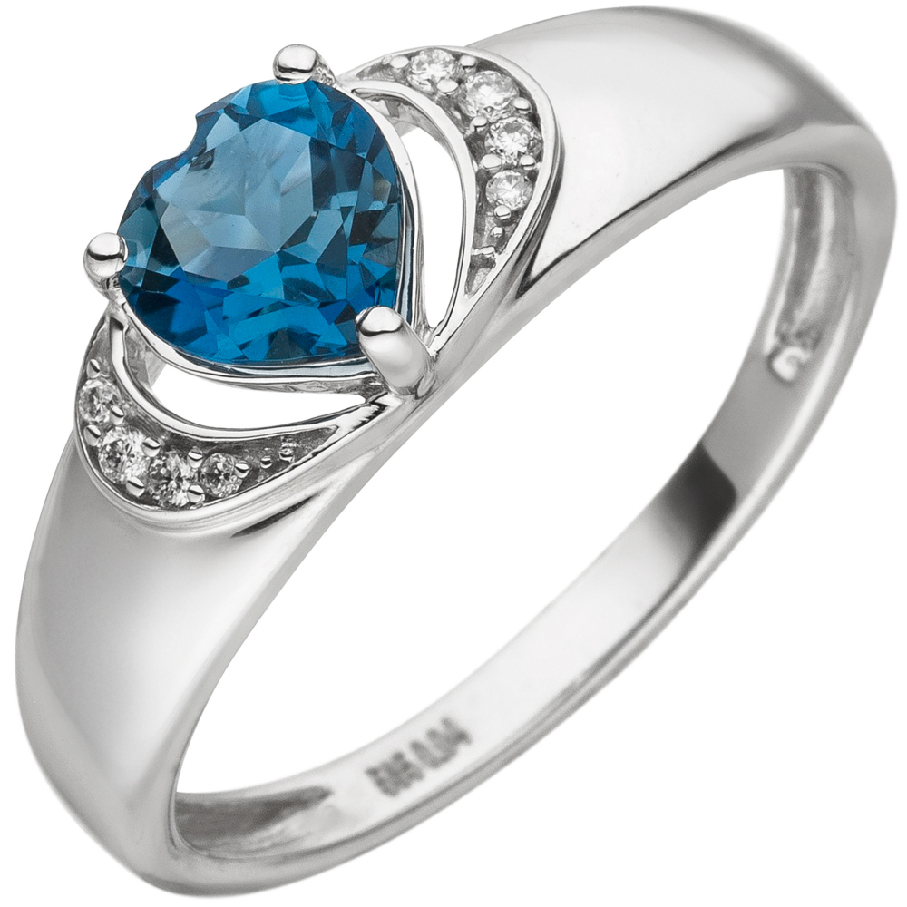 Damen Ring Herz 585 Gold Weißgold 1 Blautopas 8 Diamanten Brillanten - 58mm