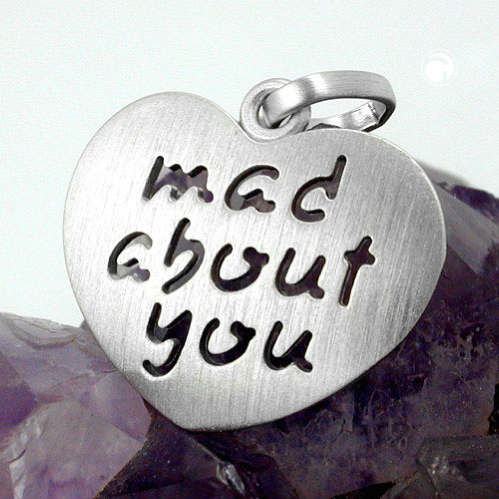 Anhänger 19x21mm Herz mit Inschrift - mad about you - mattiert rhodiniert Silber 925