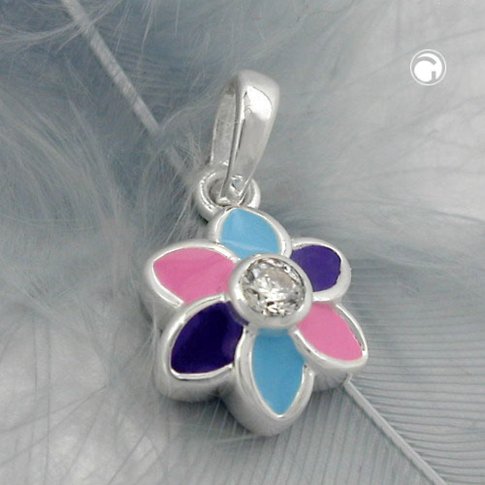 Anhänger 9mm Blume lila pink blau farbig lackiert Zirkonia weiß Silber 925