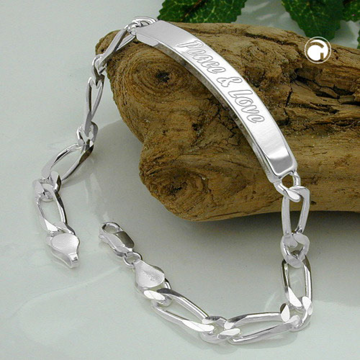 Schildarmband 6,5x2mm Figarokette Gravurplatte 45x7mm Peace & Love glänzend Silber 925 21cm