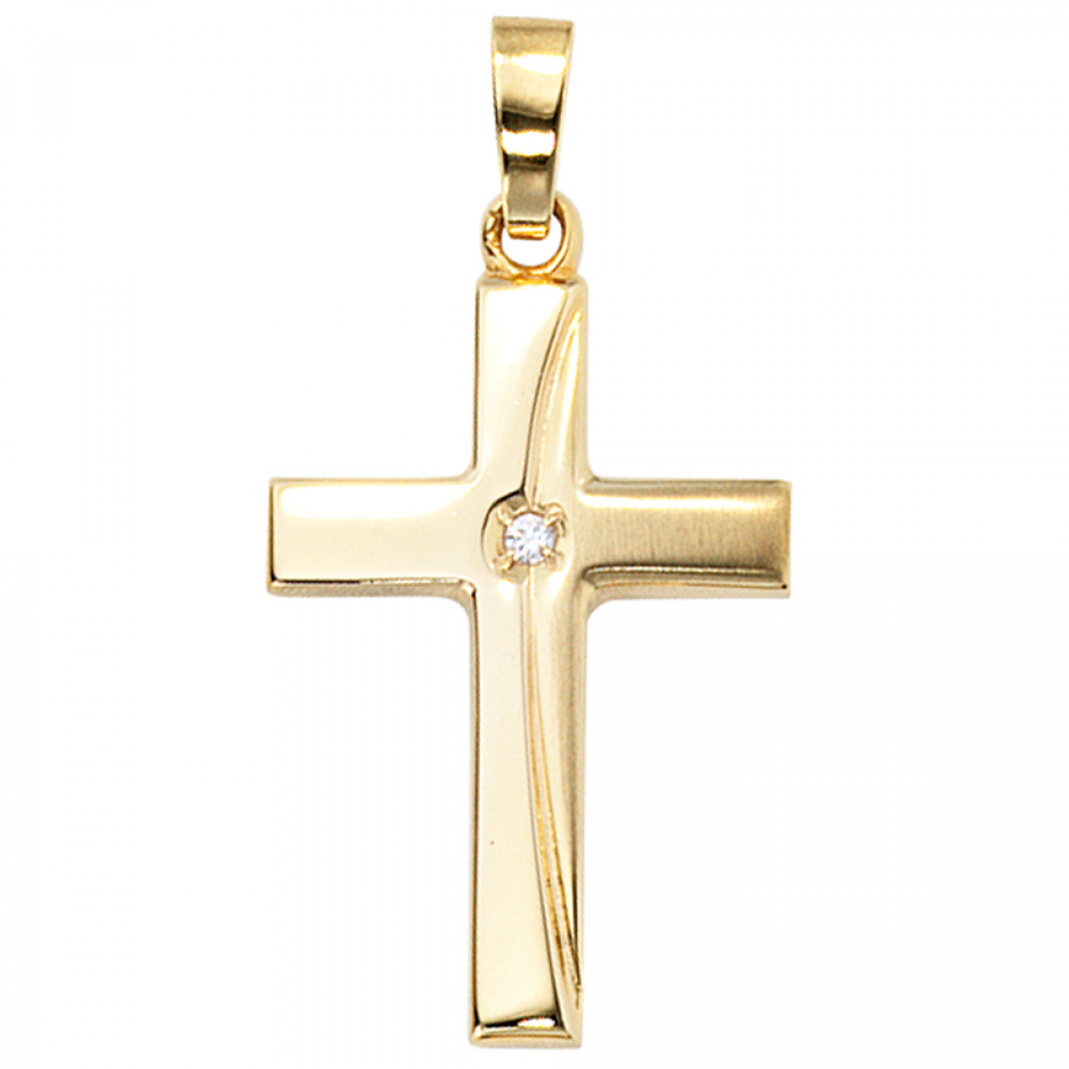 Anhänger Kreuz 333 Gold Gelbgold teil matt 1 Zirkonia Kreuzanhänger Goldkreuz