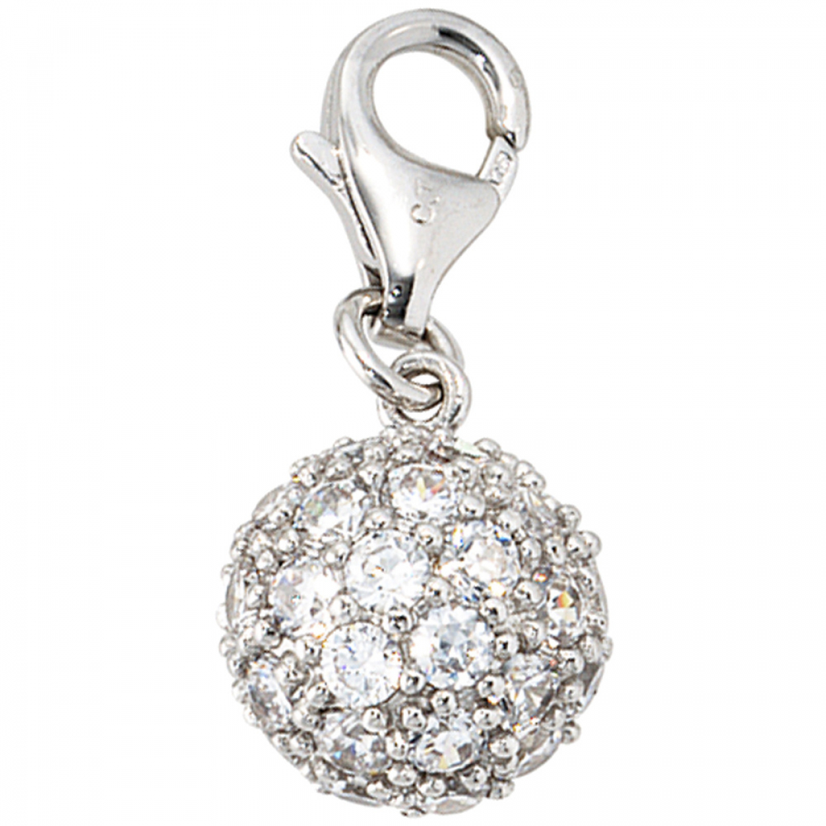 Einhänger Charm Kugel 925 Sterling Silber rhodiniert mit Zirkonia