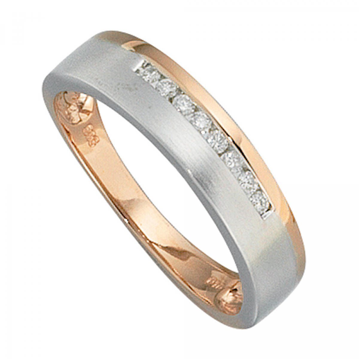 Damen Ring 585 Gold Rotgold Weißgold bicolor teilmatt 8 Diamanten Brillanten - 50mm