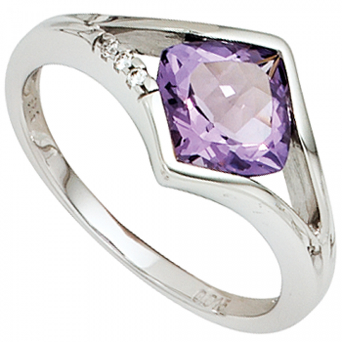 Damen Ring 585 Gold Weißgold 3 Diamanten Brillanten 1 Amethyst lila violett - 54mm