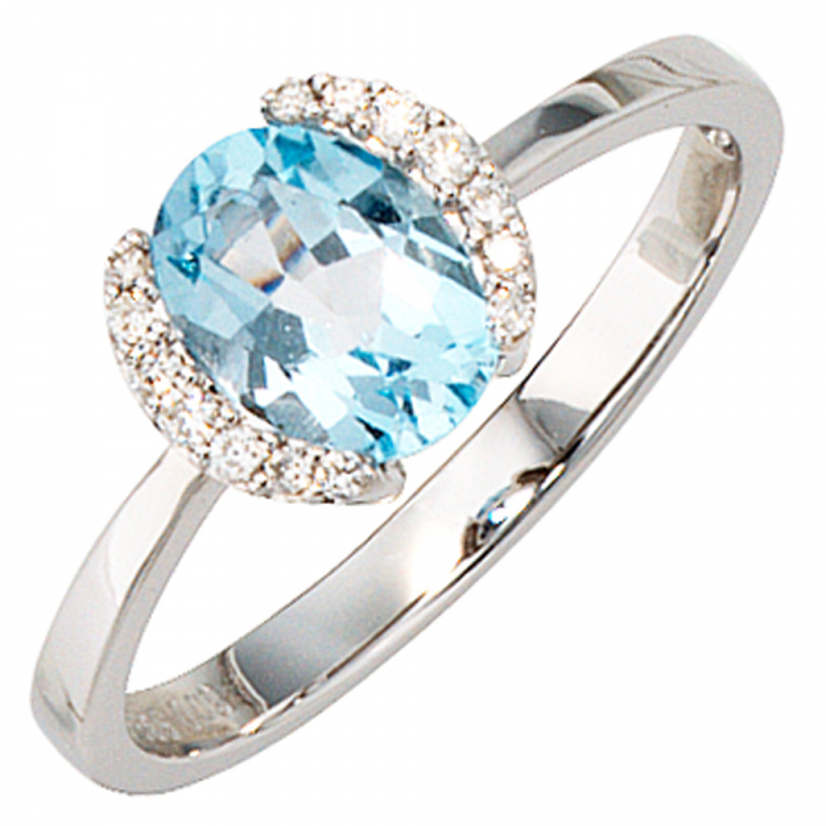 Damen Ring 585 Gold Weißgold 1 Blautopas hellblau blau 14 Diamanten Brillanten - 52mm