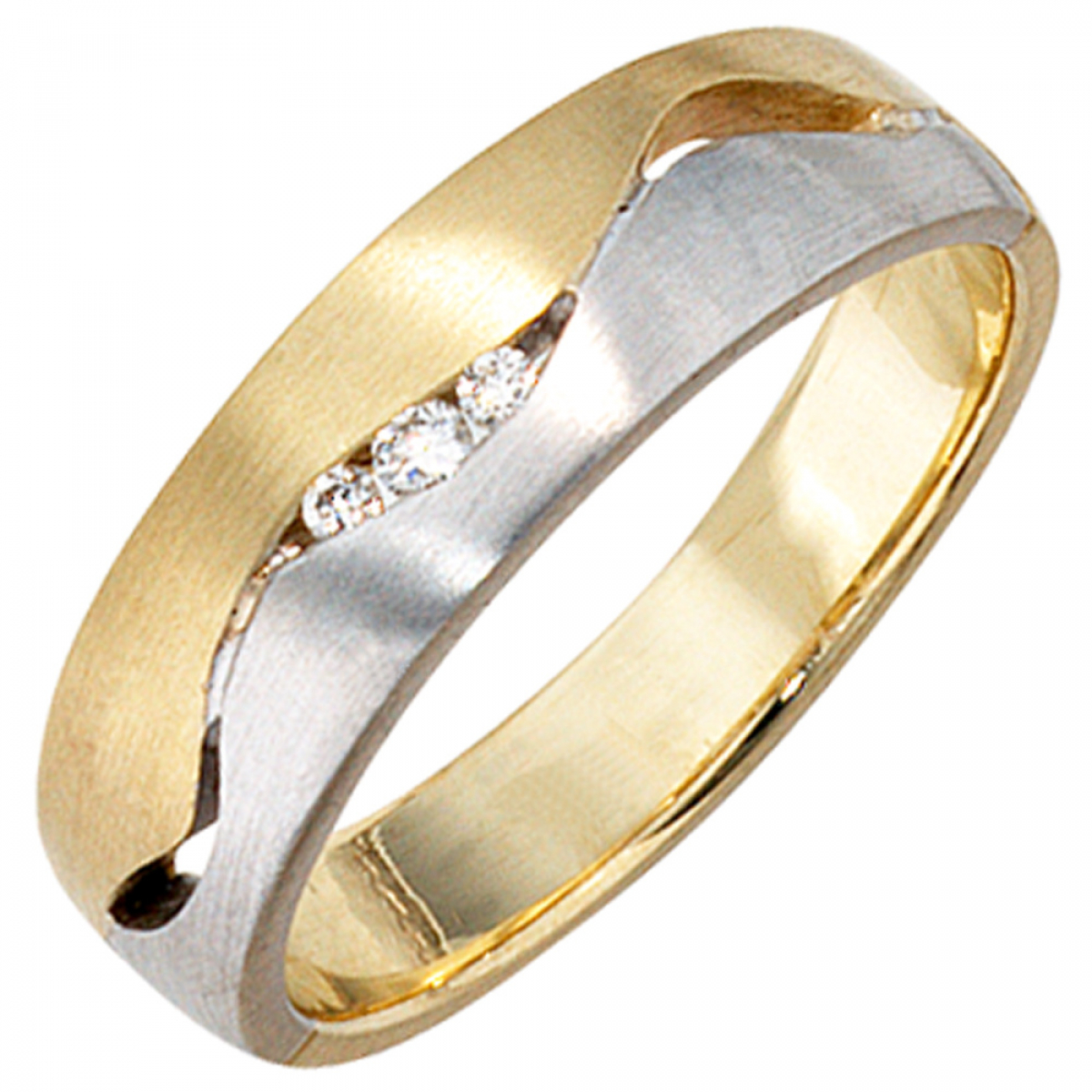 Damen Ring 585 Gold Gelbgold Weißgold bicolor matt 3 Diamanten Brillanten - 58mm