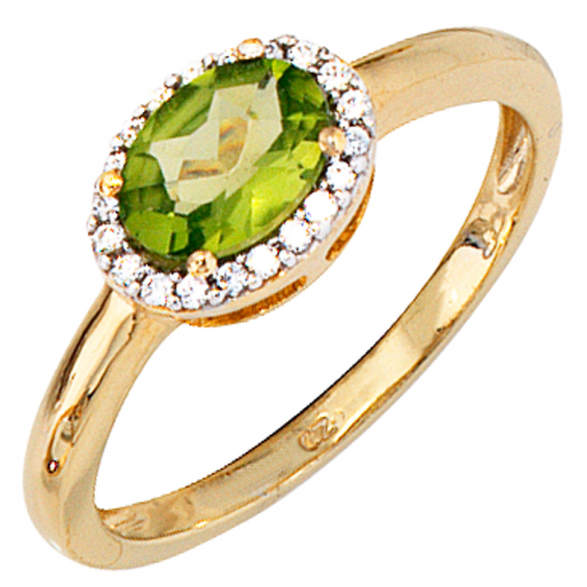 Damen Ring 585 Gold Gelbgold bicolor 1 Peridot grün 20 Diamanten Peridotring - 56mm