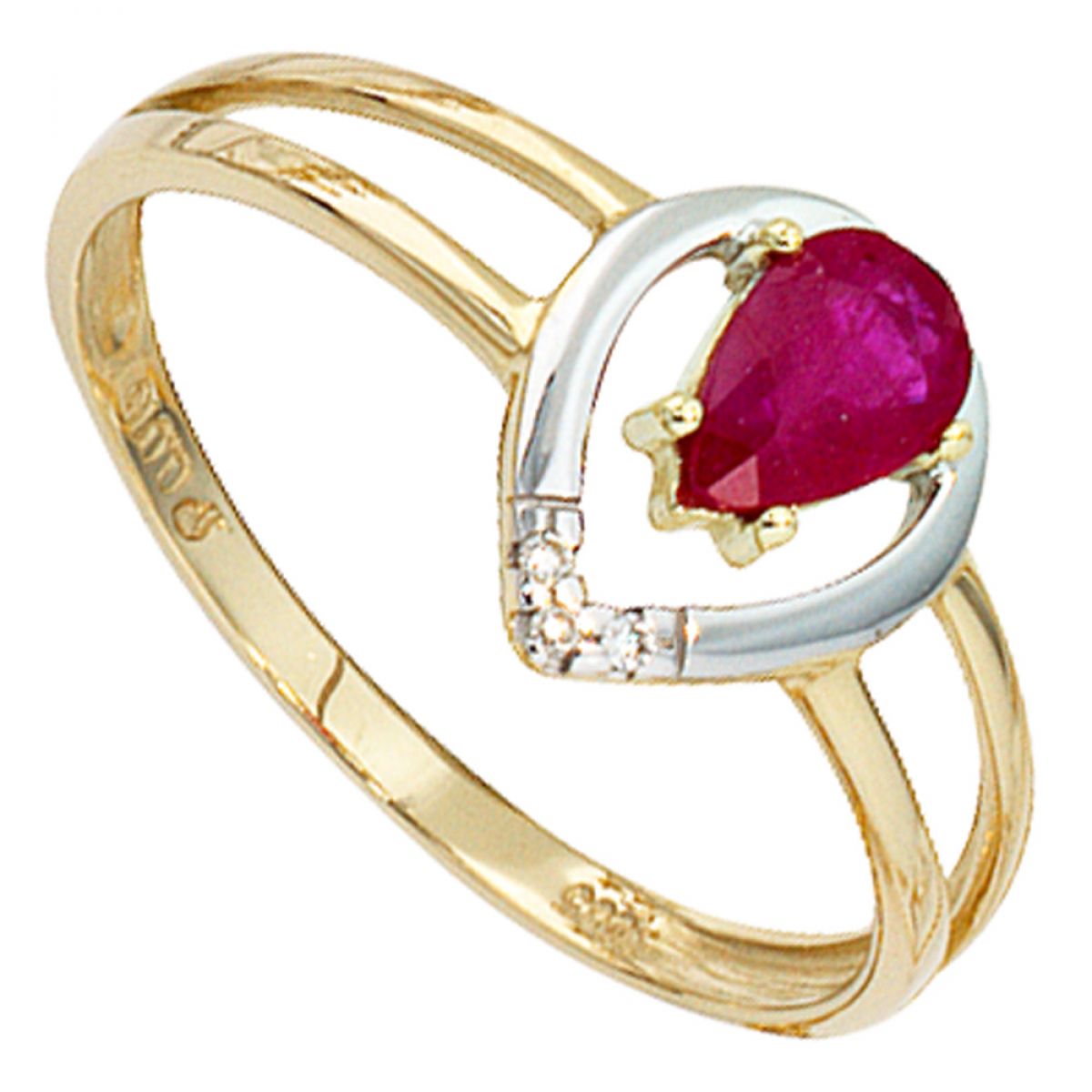 Damen Ring 585 Gold Gelbgold bicolor 1 Rubin rot 3 Diamanten Brillanten - 58mm