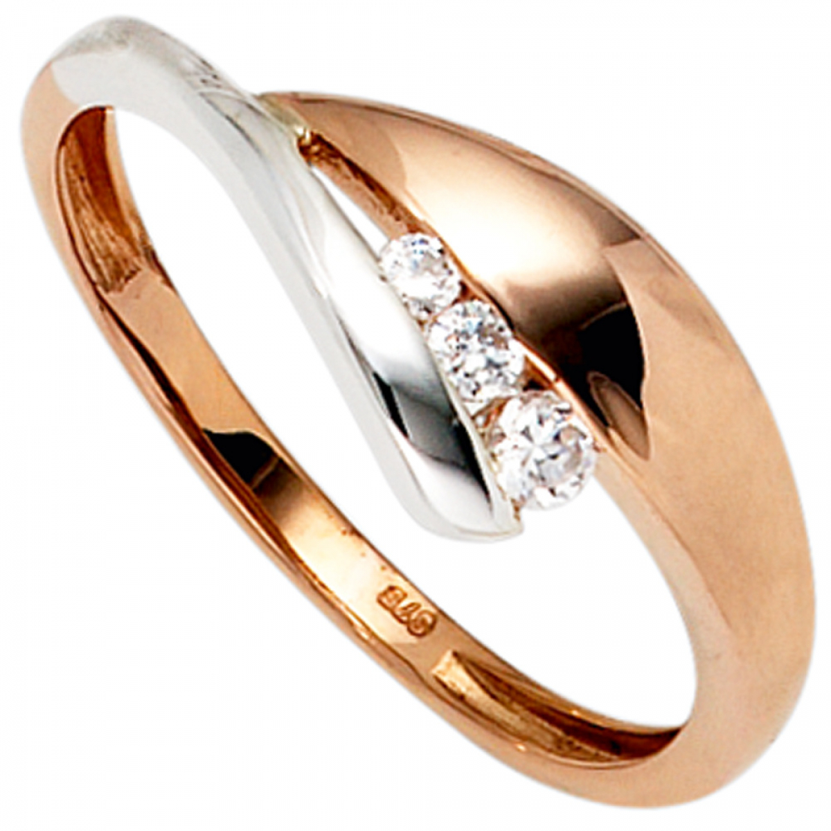 Damen Ring 375 Gold Rotgold Weißgold bicolor 3 Zirkonia Goldring - 56mm