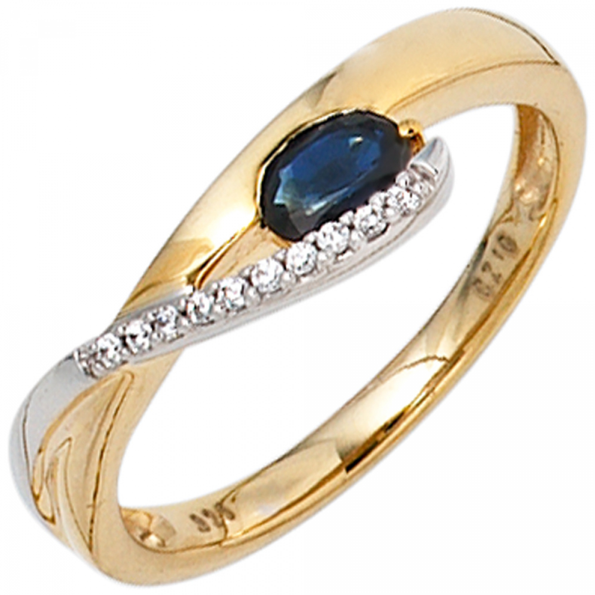 Damen Ring 333 Gold Gelbgold Weißgold 1 Safir blau 10 Zirkonia Goldring - 60mm