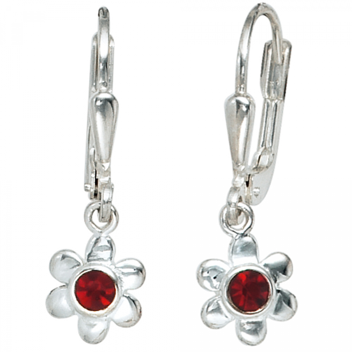 Kinder Boutons Blume 925 Silber 2 rote Glassteine Ohrringe Ohrhänger