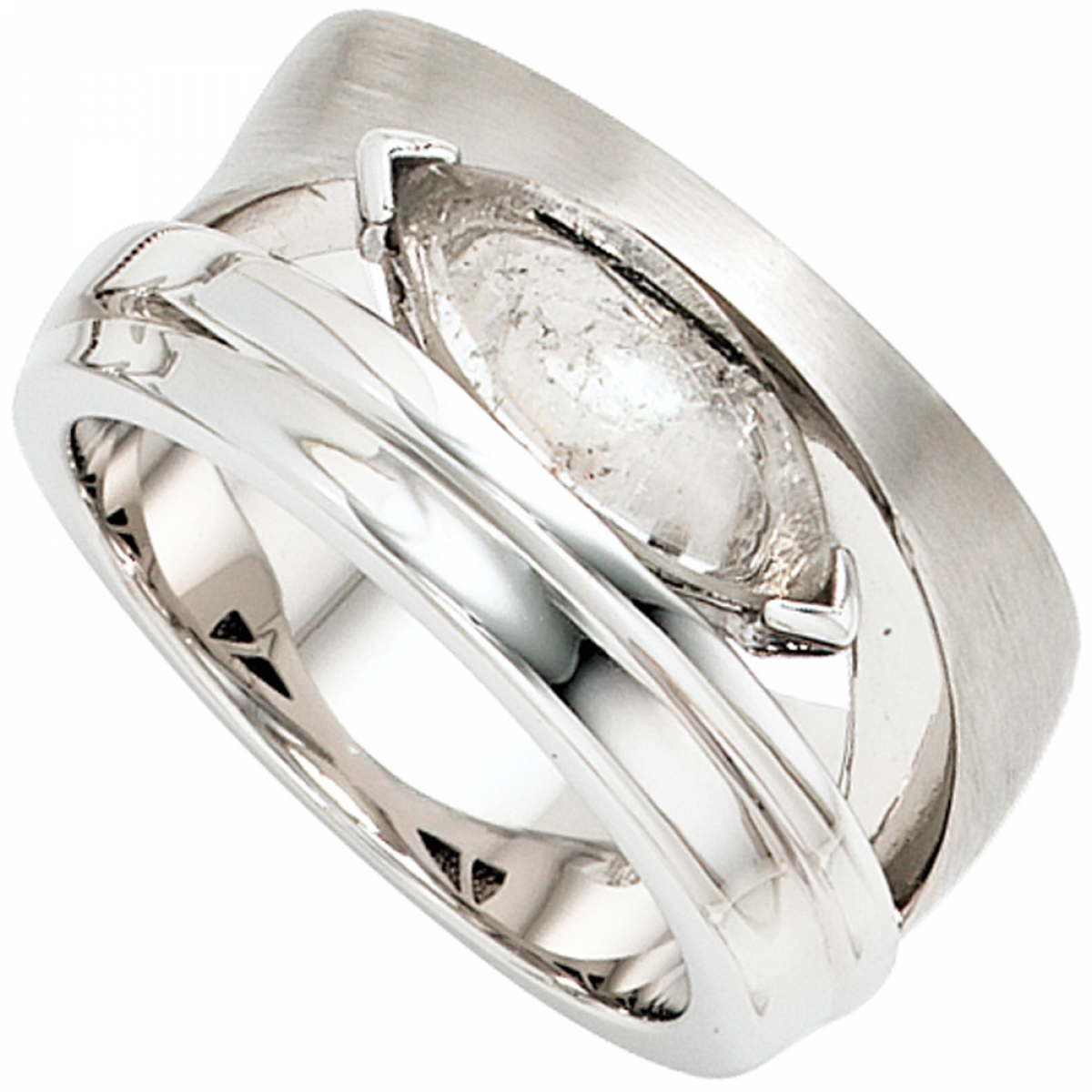 Damen Ring breit 925 Sterling Silber rhodiniert teil matt 1 Turmalinquarz - 56mm