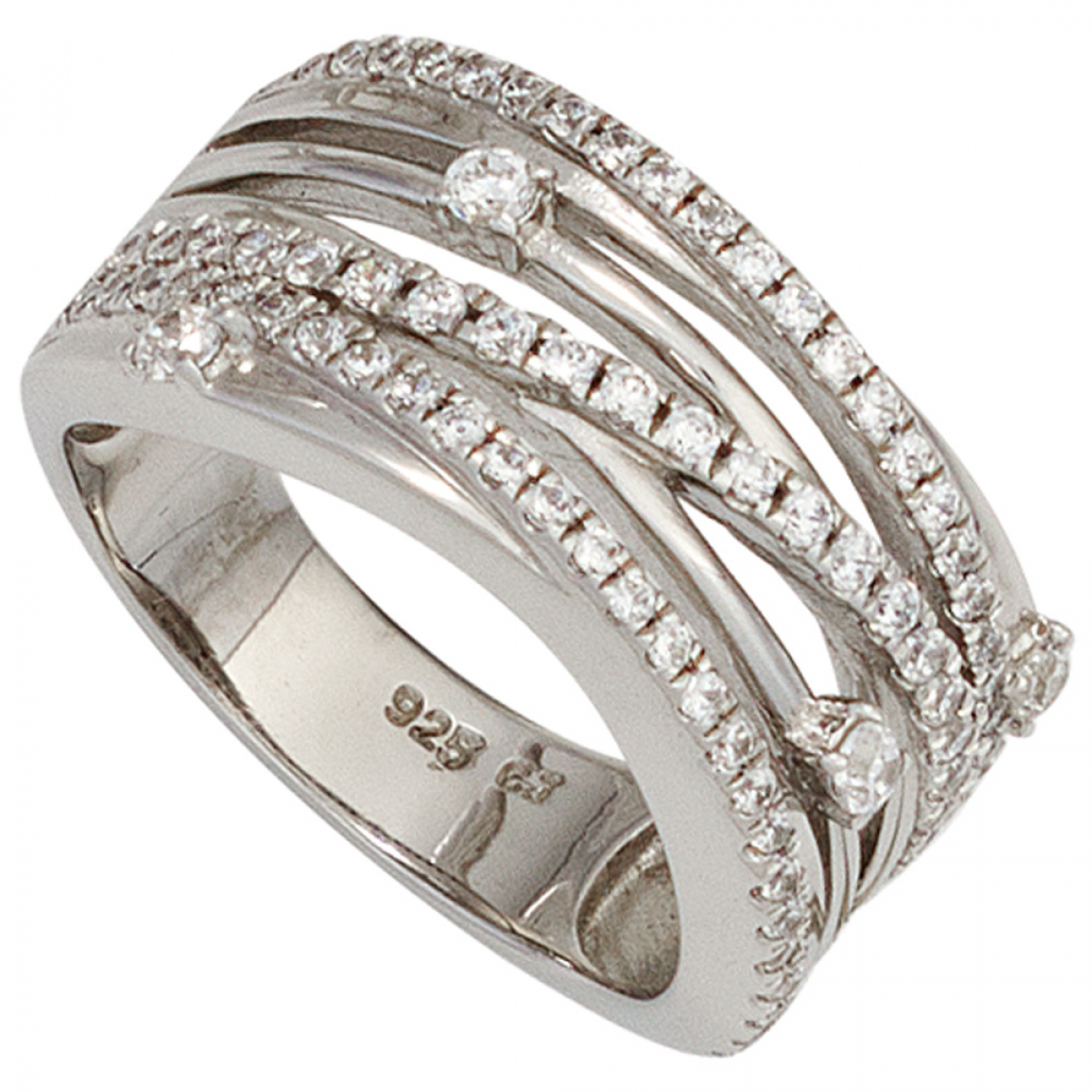 Damen Ring breit 925 Sterling Silber rhodiniert mit Zirkonia Silberring - 54mm