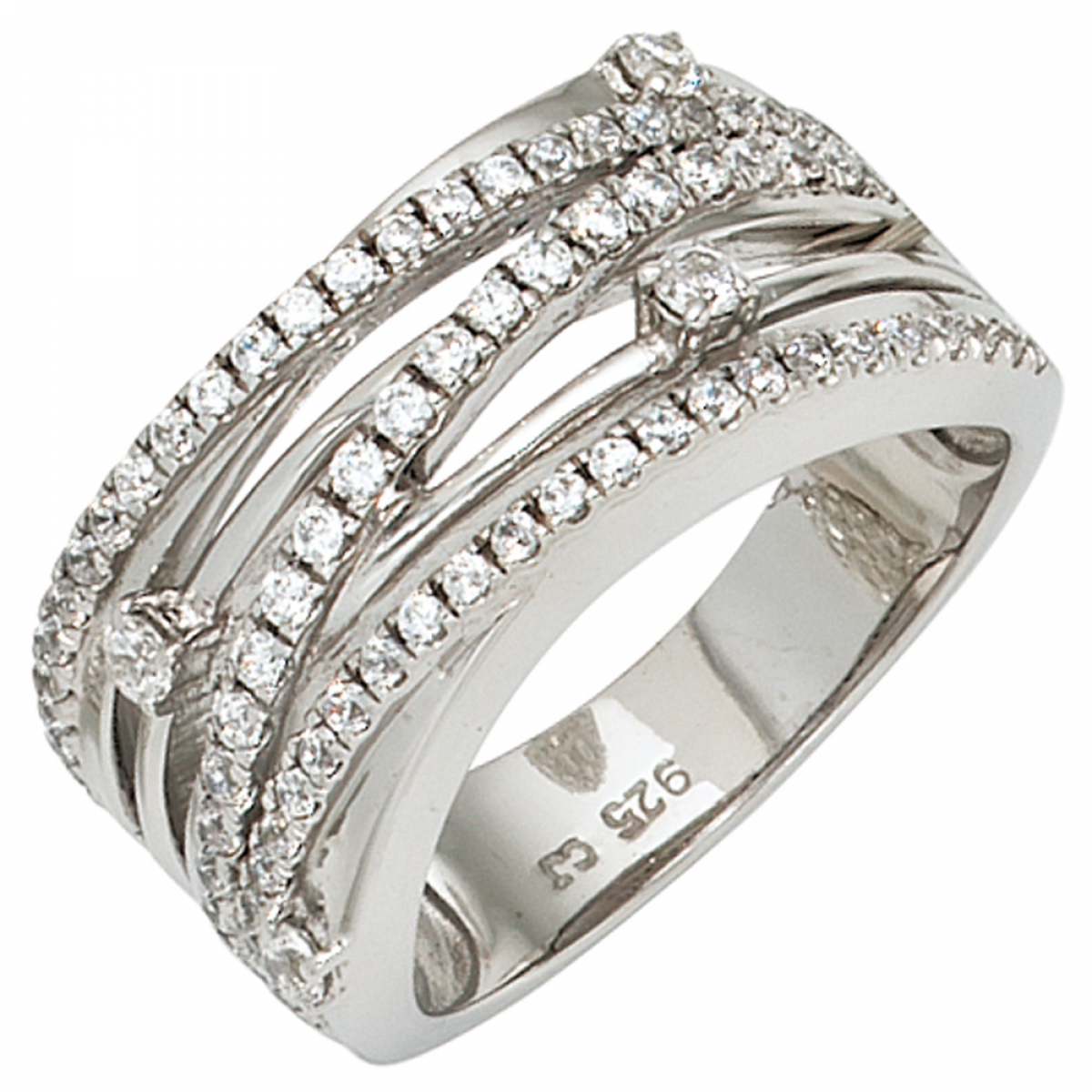 Damen Ring breit 925 Sterling Silber rhodiniert mit Zirkonia Silberring - 54mm