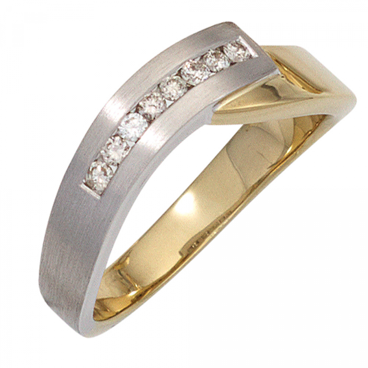 Damen Ring 585 Gold Gelbgold Weißgold bicolor teilmatt 8 Diamanten Brillanten - 56mm