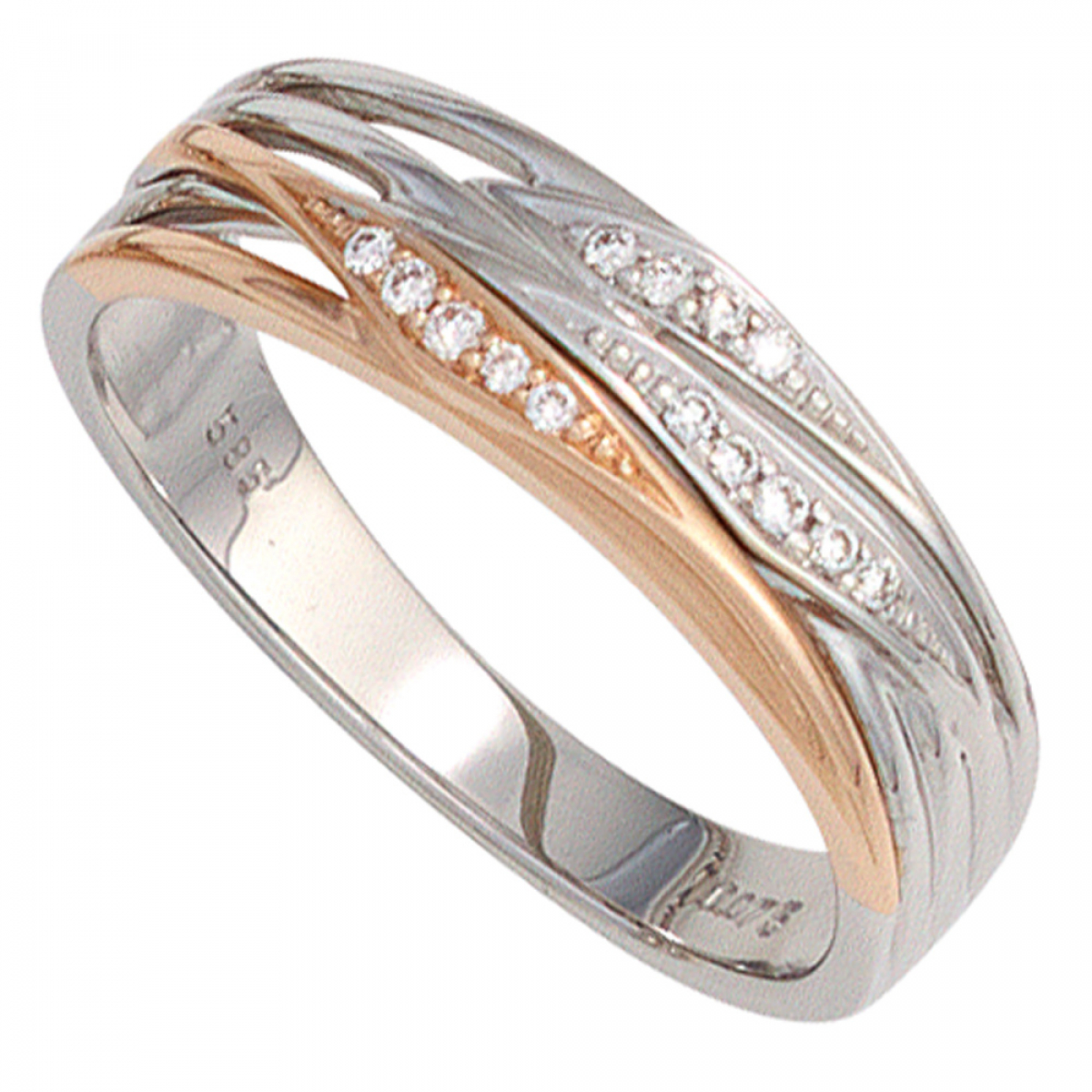 Damen Ring 585 Gold Weißgold Rotgold bicolor 14 Diamanten Brillanten Goldring - 56mm