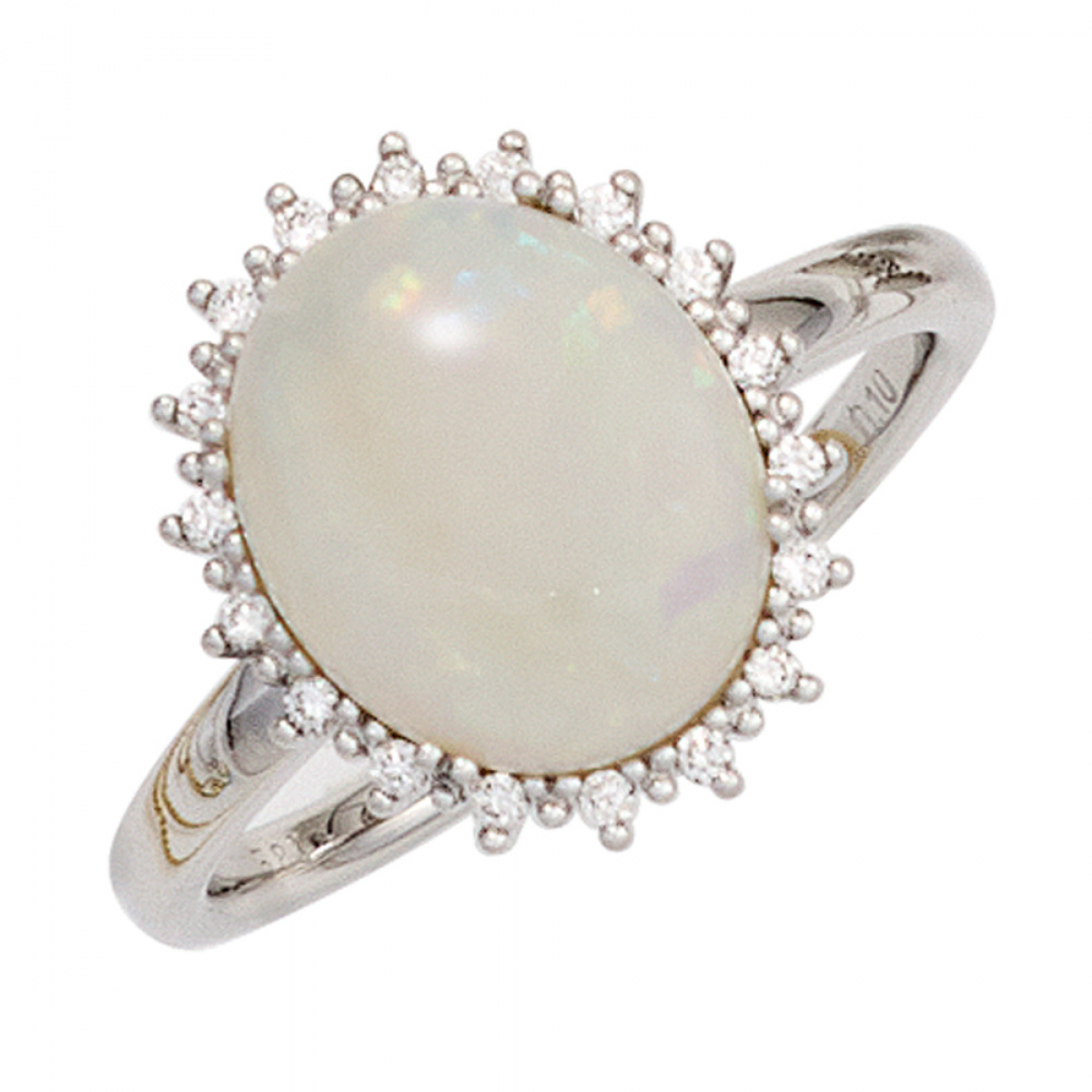 Damen Ring 585 Gold Weißgold 1 Opal-Cabochon 18 Diamanten Brillanten Opalring - 52mm