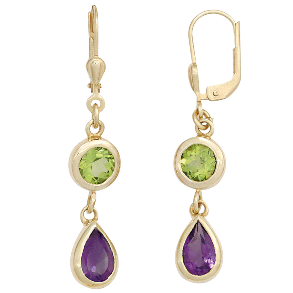 Boutons 585 Gold Gelbgold 2 Amethyste lila 2 Peridote grün Ohrringe Ohrhänger