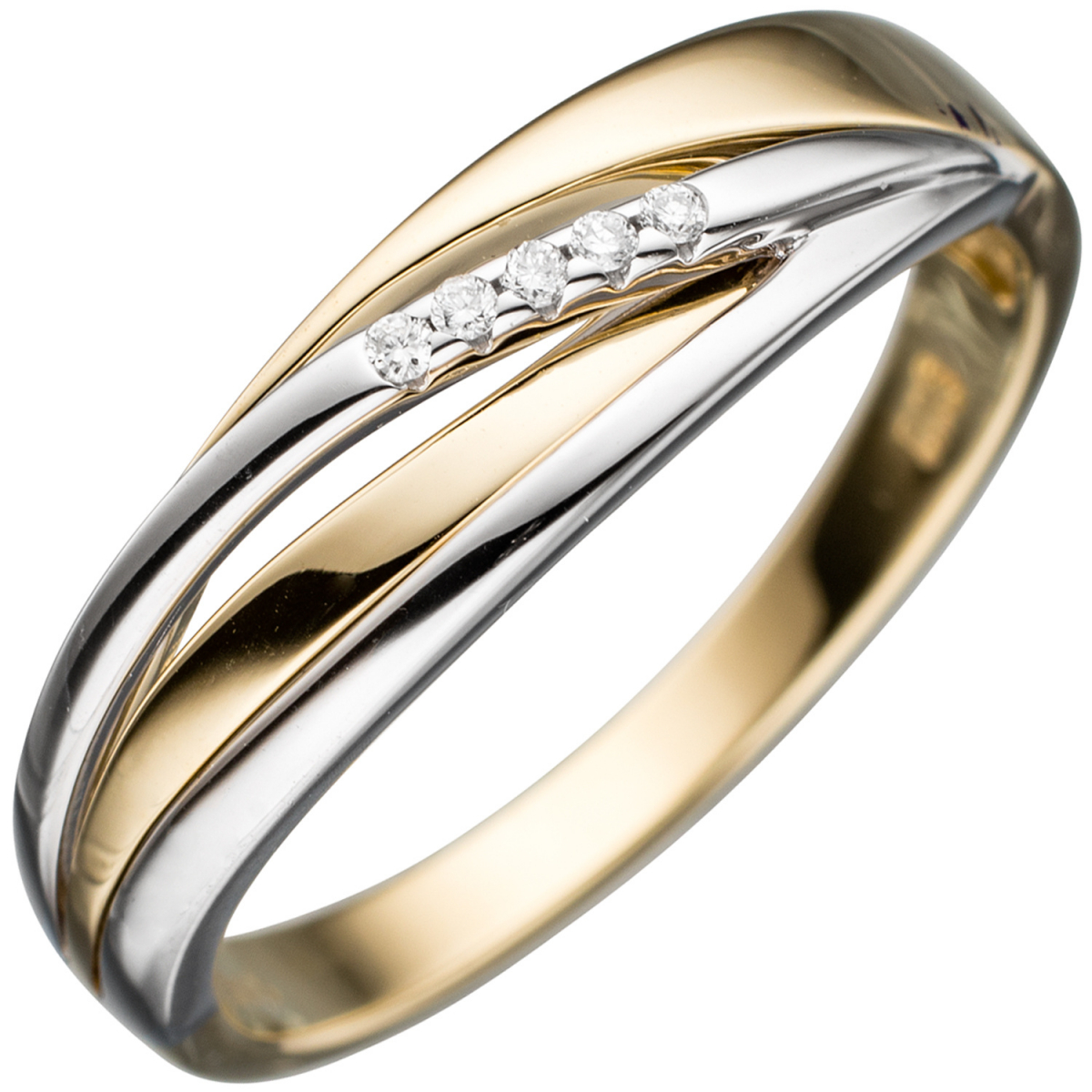 Damen Ring 585 Gold Gelbgold Weißgold bicolor 5 Diamanten Brillanten Goldring - 60mm