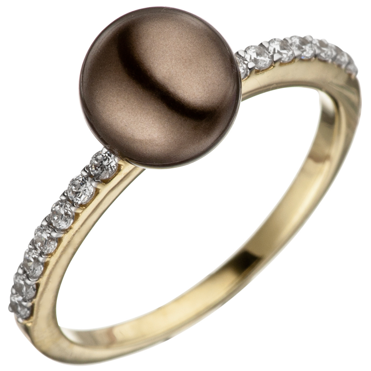 Damen Ring 333 Gold Gelbgold bicolor mit dunkler Perle und Zirkonia Perlenring - 60mm