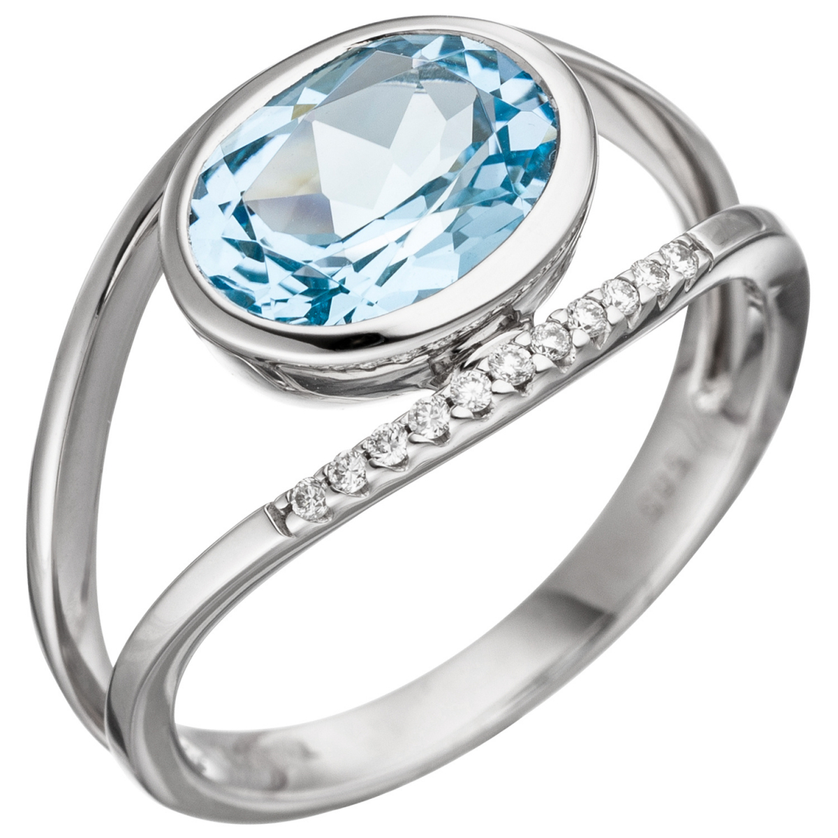 Damen Ring 585 Weißgold 11 Diamanten Brillanten 1 Blautopas hellblau blau - 56mm