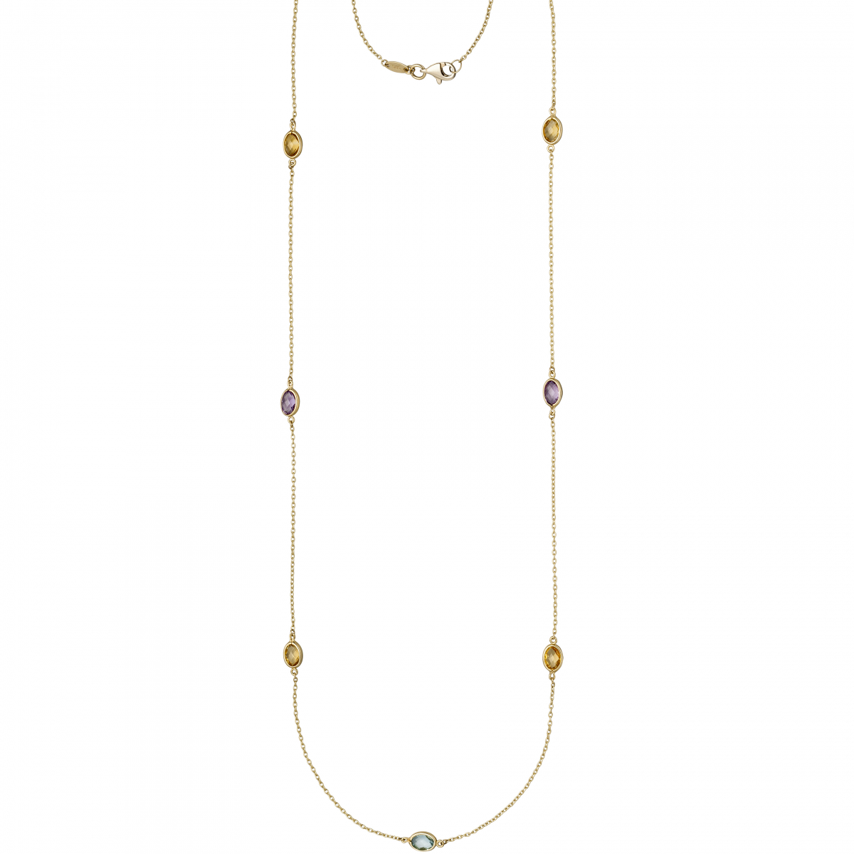 Halskette Kette lang 585 Gold Gelbgold Citrine Blautopase Amethyste 90 cm