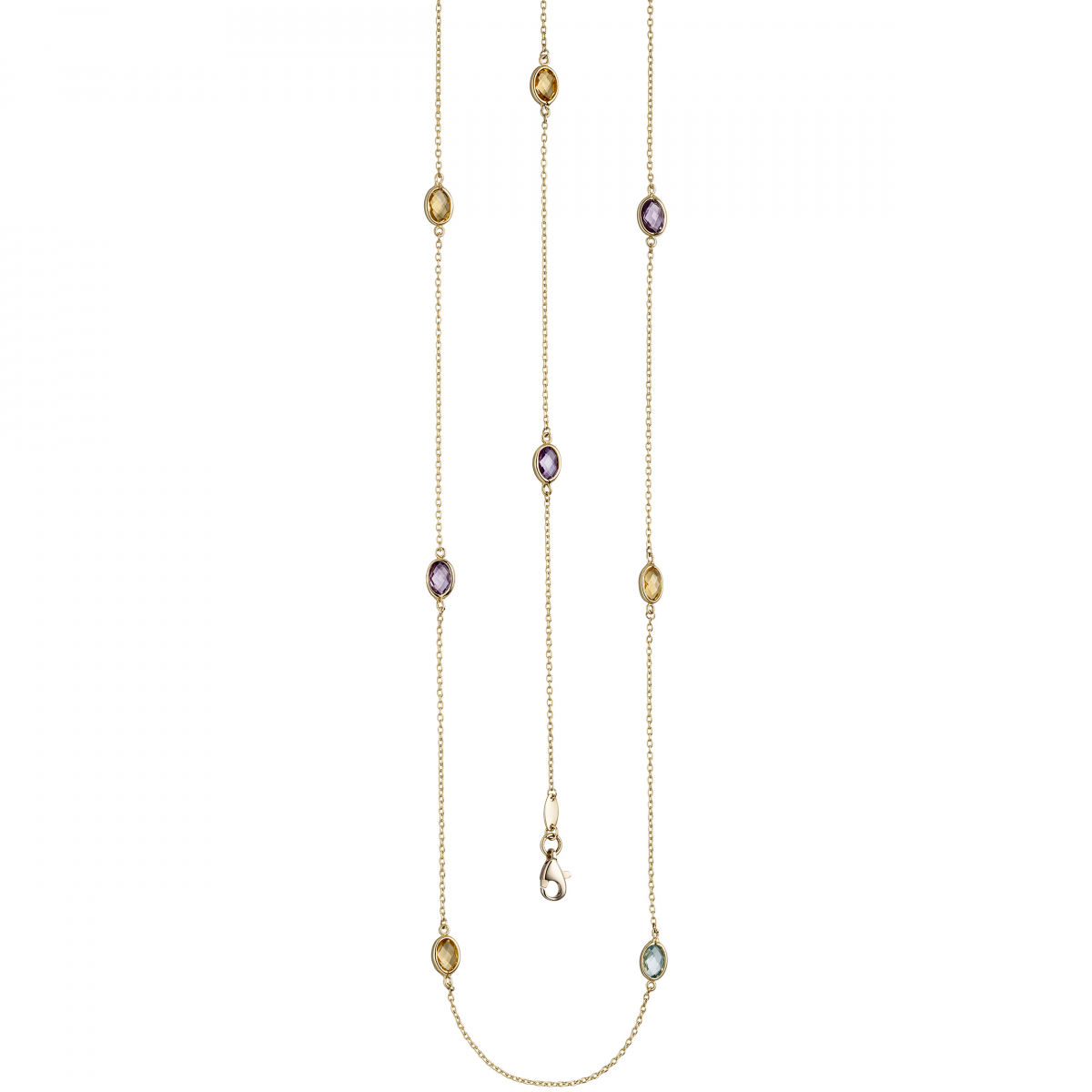 Halskette Kette lang 585 Gold Gelbgold Citrine Blautopase Amethyste 90 cm