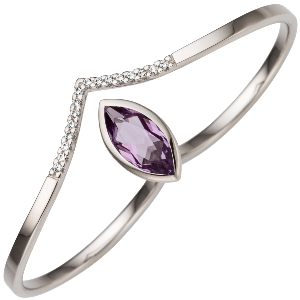 Damen Zweifinger Ring 333 Gold Weißgold 1 Amethyst 16 Zirkonia Zweifingerring - 56mm