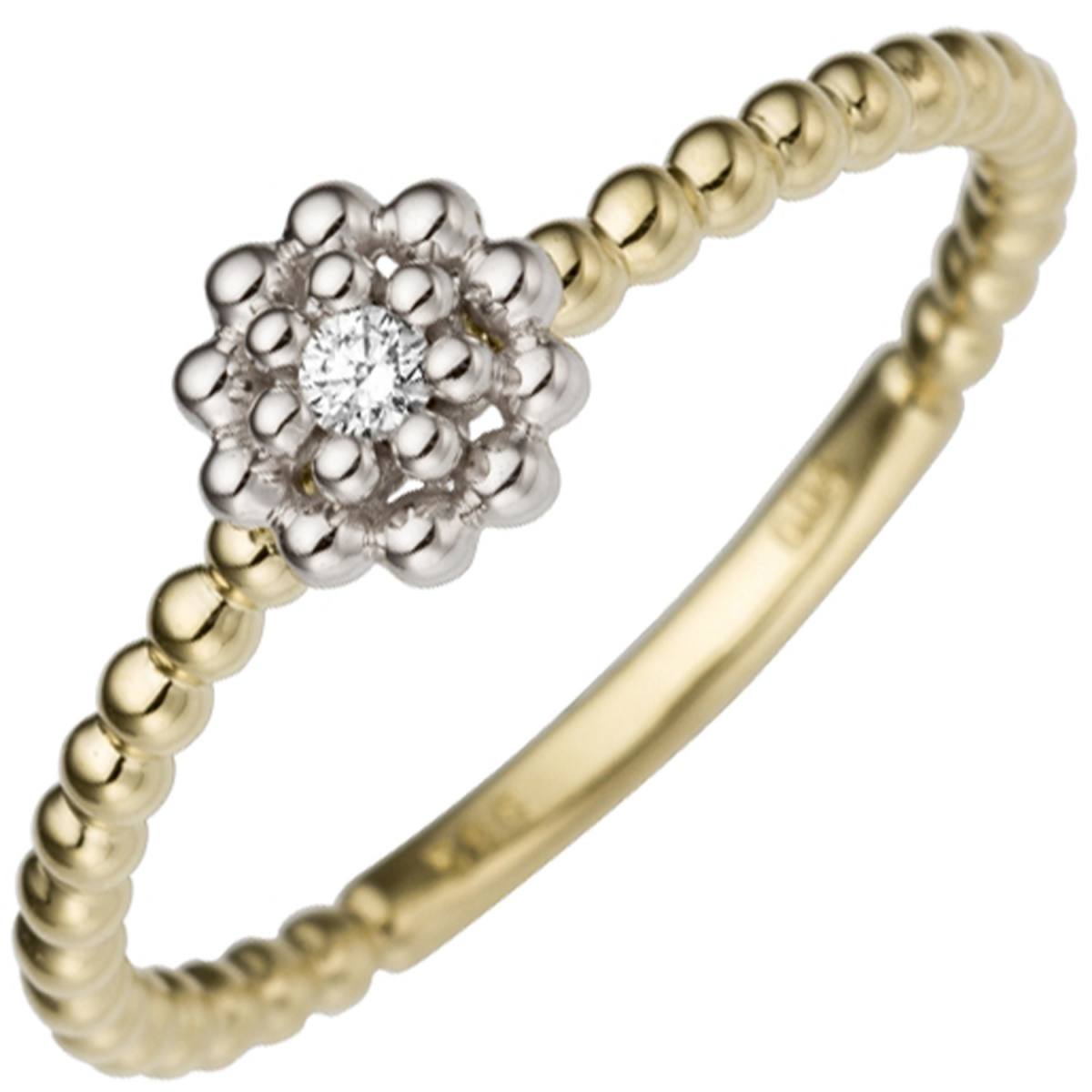 Damen Ring Blume 585 Gold Gelbgold Weißgold bicolor 1 Diamant Brillant Goldring - 56mm