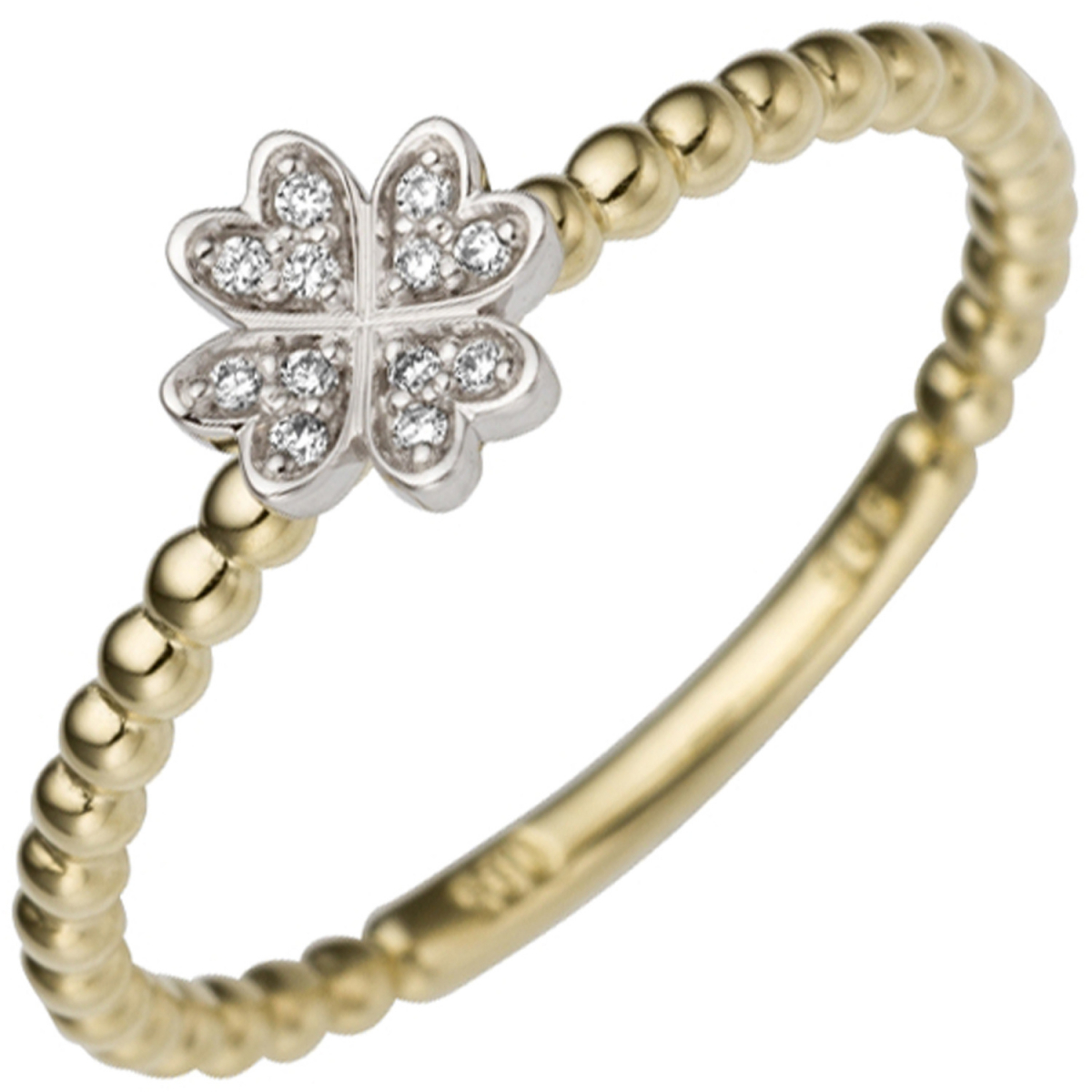 Damen Ring Kleeblatt 585 Gold Gelbgold Weißgold bicolor 12 Diamanten Brillanten - 50mm