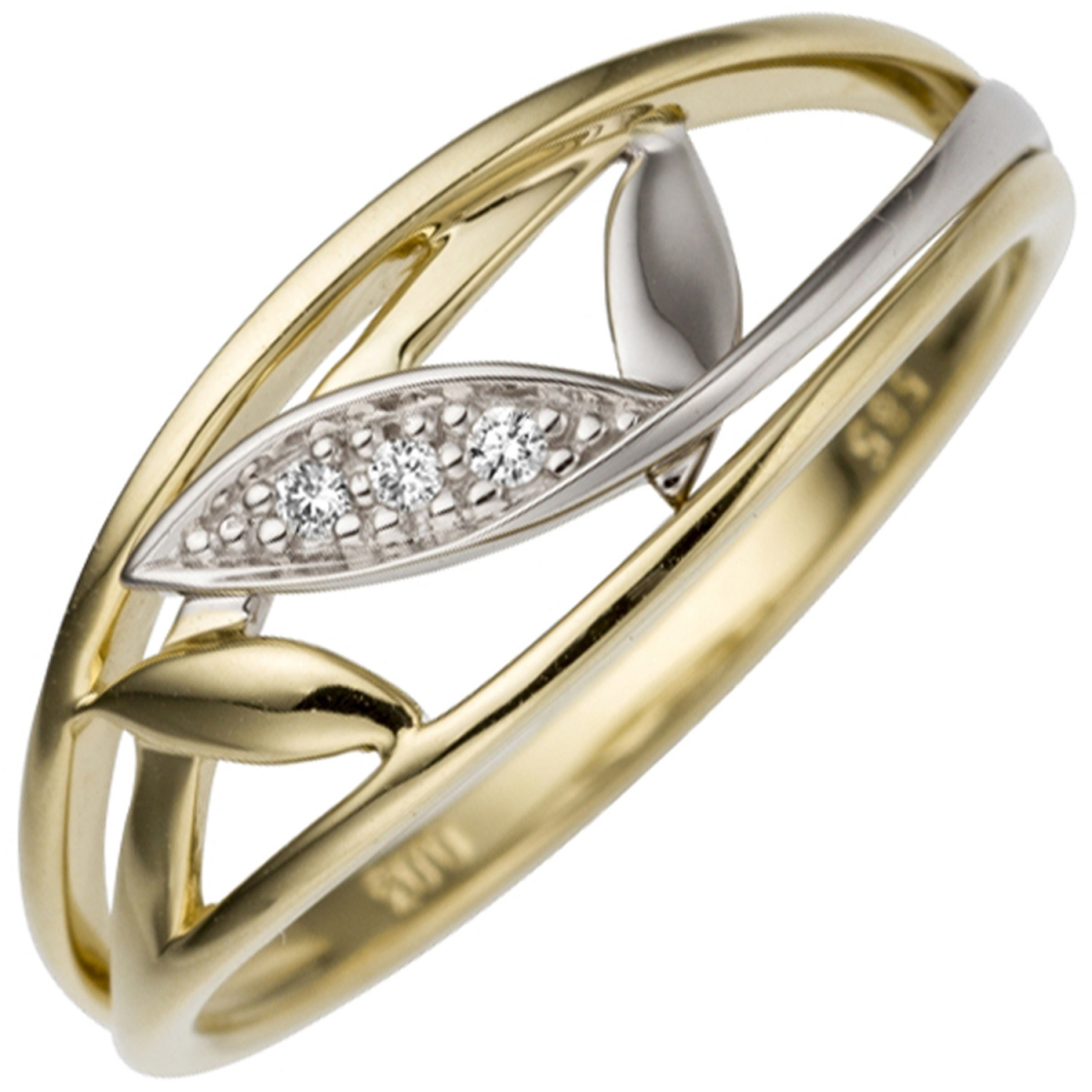 Damen Ring 585 Gold Gelbgold Weißgold bicolor 3 Diamanten Brillanten Goldring - 60mm