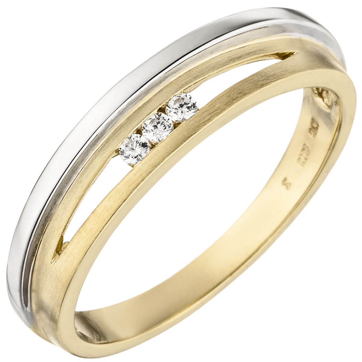 Damen Ring 375 Gold Gelbgold Weißgold bicolor matt 3 Zirkonia Goldring - 56mm