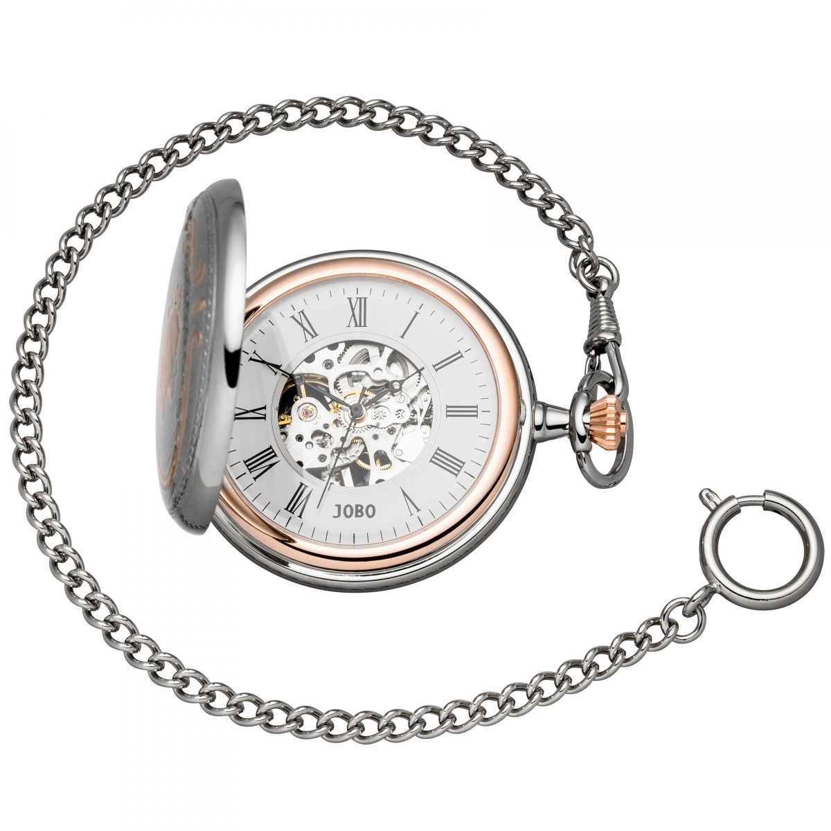 JOBO Taschenuhr Skelett mit Kette Handaufzug bicolor 2 Sprung-Deckel