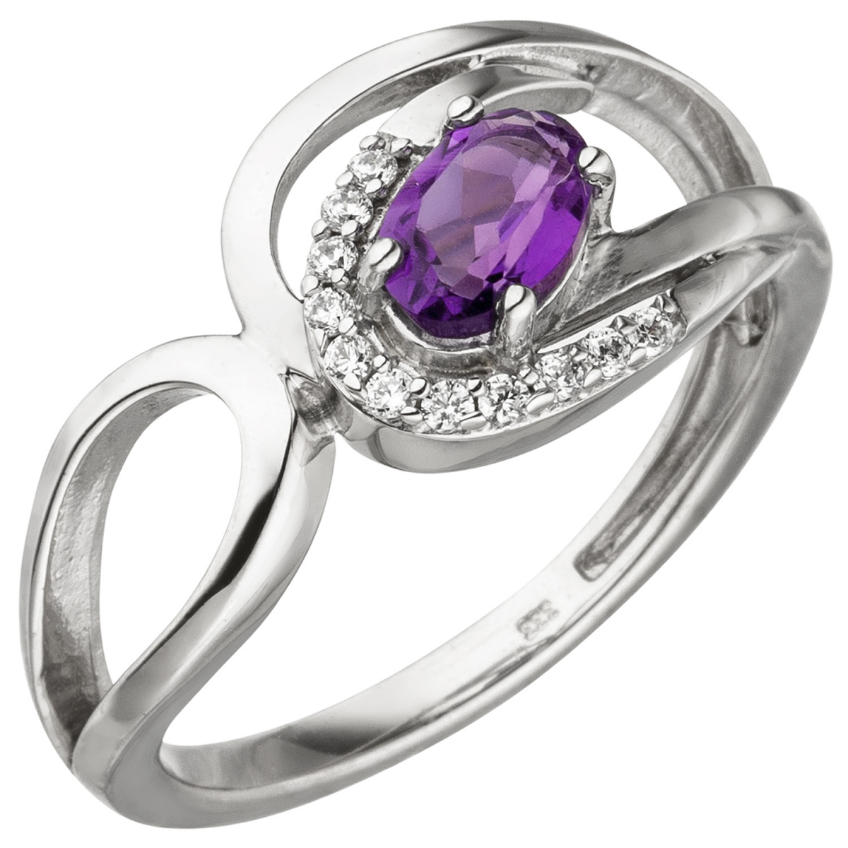 Damen Ring 333 Gold Weißgold 11 Zirkonia 1 Amethyst lila violett Weißgoldring - 54mm