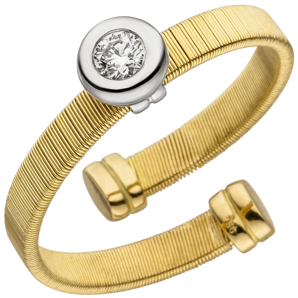 Damen Ring offen 750 Gelbgold Weißgold bicolor matt 1 Diamant Brillant - 58mm