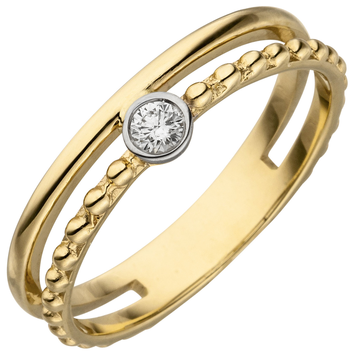 Damen Ring 2-reihig 585 Gold Gelbgold 1 Diamant Brillant 0,07ct. Diamantring - 54mm