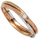Damen Ring verschlungen 585 Gold tricolor dreifarbig 1 Diamant Brillant 0,06ct. - 54mm