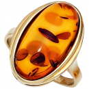 Damen Ring 375 Gold Gelbgold 1 Bernstein-Cabochon orange Bernsteinring Goldring - 58mm