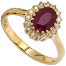 Damen Ring 585 Gold Gelbgold 1 Rubin rot 16 Diamanten 0,16ct. Goldring - 56mm