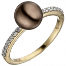 Damen Ring 333 Gold Gelbgold bicolor mit dunkler Perle und Zirkonia Perlenring - 50mm