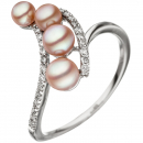Damen Ring 585 Weißgold 4 Süßwasser Perlen rosa 24 Diamanten Brillanten - 56mm