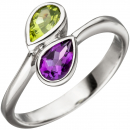 Damen Ring 925 Sterling Silber 1 Amethyst lila violett 1 Peridot grün Silberring - 52mm